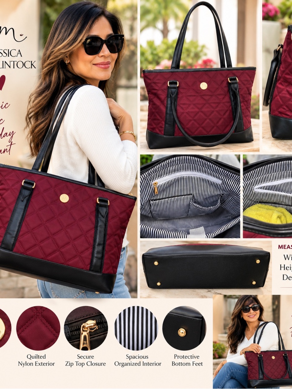 Quilted Burgundy Tote Bag with Black Trim - Women's Handbag
